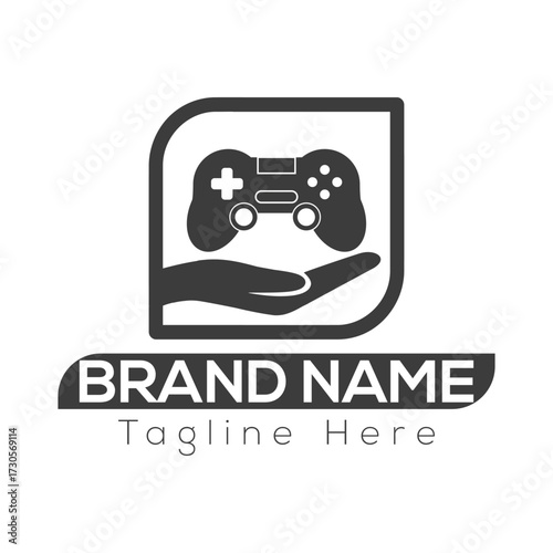 Black and white graphic logo of a hand holding a video game controller inside a rounded square with text