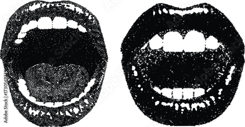 mouth with halftone stipple effect vector for urban design. stipple effect, for grunge punk y2k collage design. Vector illustration in grainy photocopy texture for experimental dotted retro banner.