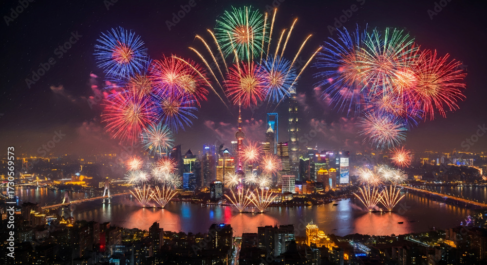 Obraz premium Vibrant Fireworks Display Over Cityscape: A spectacular aerial view of a cityscape illuminated by a breathtaking fireworks display.