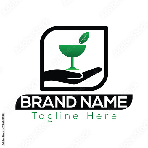 Black hand holding green glass with leaf logo and brand name text vector