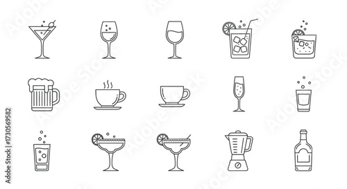 Diverse Outline Drink Icons Set Featuring Various Beverages, Glasses, and Bar Tools Line Art.