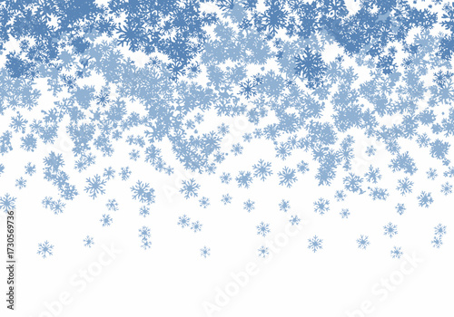 Many blue snowflakes of various sizes cascade down against a white background