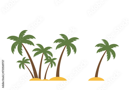 Palm trees stand on sandy patches against a blank backdrop