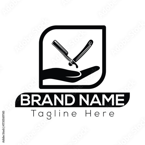 Black silhouette of a straight razor held in an open palm within a rounded square frame above brand name text