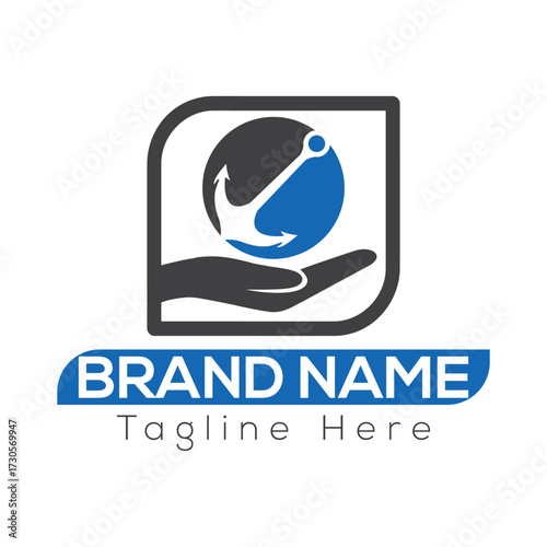 Blue and black anchor on hand logo with brand name and tagline text vector