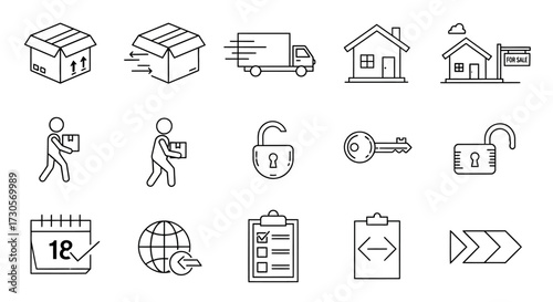 Hand-drawn logistics and delivery icon set in a sketch style, featuring a truck, box, house, and checklist.