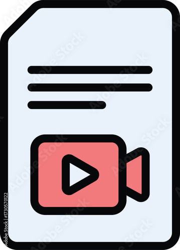 Document with video content icon. Simple vlog file and camera sign vector illustration. Perfect for multimedia, video editing, filmmaking, digital content, vlog channels, apps