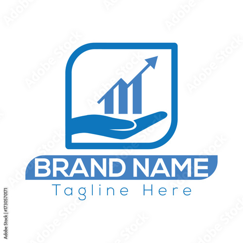 Blue hand supports upward trending bar graph with arrow and brand name text upward trending graph