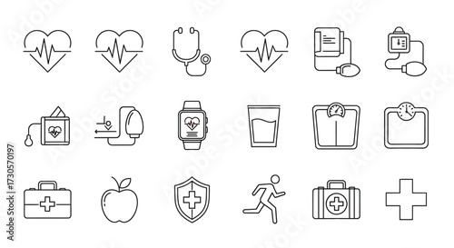 Medical and Health Icons - Heartbeat, Stethoscope, Blood Pressure Monitor, Smartwatch, Apple, First Aid Kit.