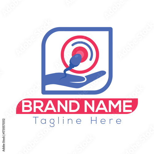Blue sperm cell graphic approaching red target symbol on blue hand logo with brand name text