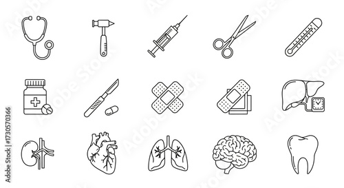 Medical Icons - Stethoscope, Reflex Hammer, Syringe, Scissors, Thermometer, and Organs.