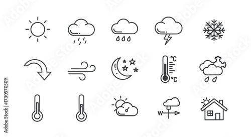 Minimalist weather forecast line art icons set with sun, clouds, rain, snow, wind, moon, and temperature symbols.