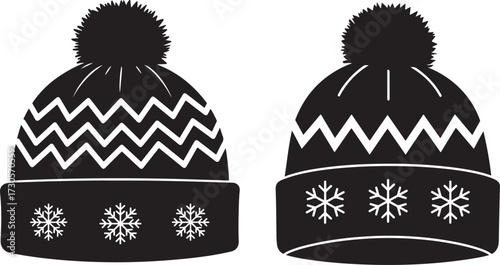 Two winter beanies with pom poms and snowflakes silhouette
