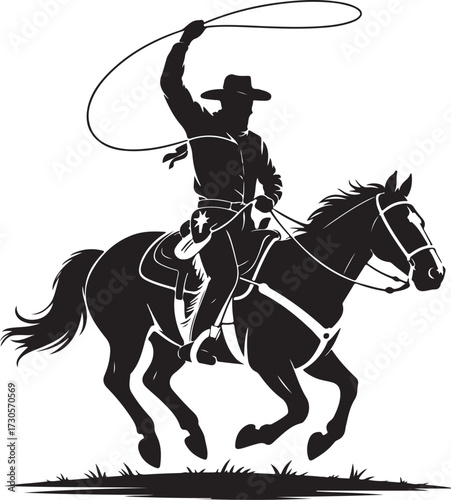 Silhouette of a cowboy on horseback throwing a lasso on a white background riding