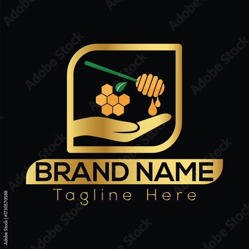 Golden hand holding honeycomb dipper with dripping honey and leaf vector logo