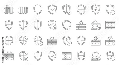 Outline Security and Protection Icons Collection with Shields, Firewalls, and Barcodes.