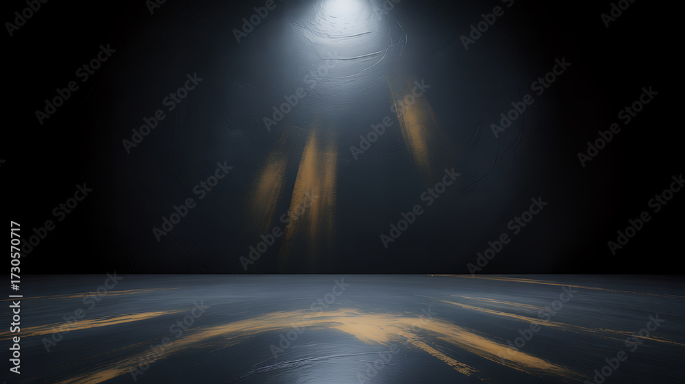 Obraz premium Dark studio with textured wall and floor illuminated by golden light beams image