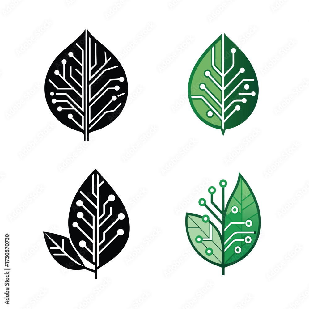 Fototapeta premium Set of Leaf Circuit Illustrations – Organic Nature Transformed into Futuristic Technology Vectors on White Background