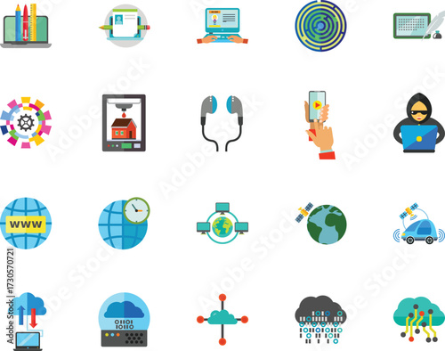 Tech gadgets icon set. Containing smartphone, laptop, tablet, smartwatch, drone, headphones, digital camera, smart TV, gaming console and more. Solid vector icons collection.