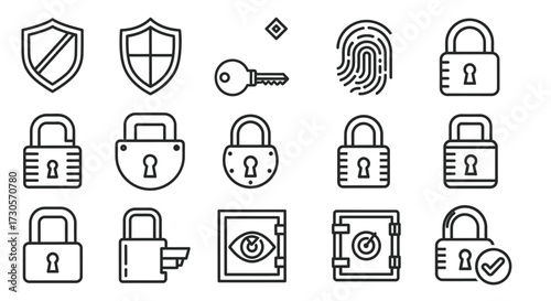 Security and protection line icon set featuring shields, a key, fingerprint, padlocks, and safes.