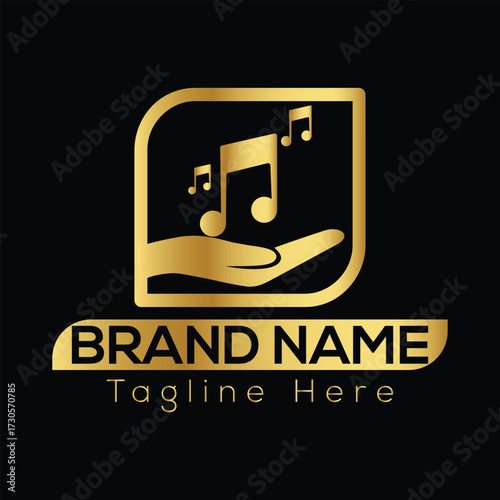 Golden musical notes held in an open hand within a rounded square frame on a black background with brand name text