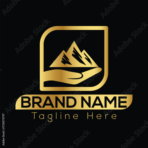 Golden mountain peaks in rounded square frame above cupped hand and brand name text summit vector