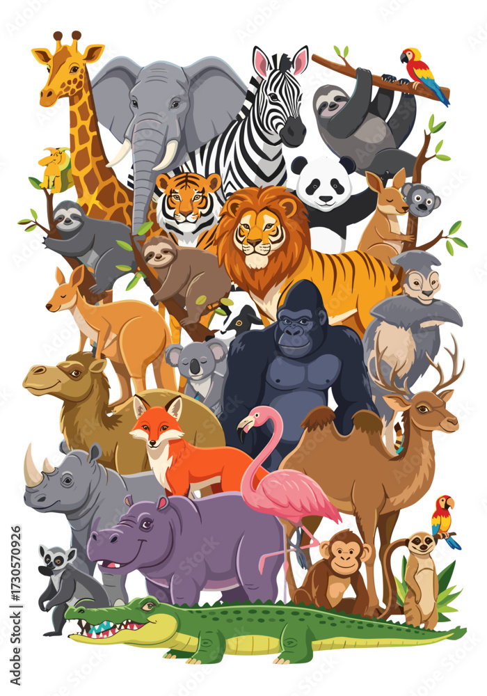 Naklejka premium wild animals group, jungle animals, safari animals, zoo animals, animal collection, exotic animals, woodland animals, animal friends, world animals, cute animals, animal kingdom, diverse animals, anim