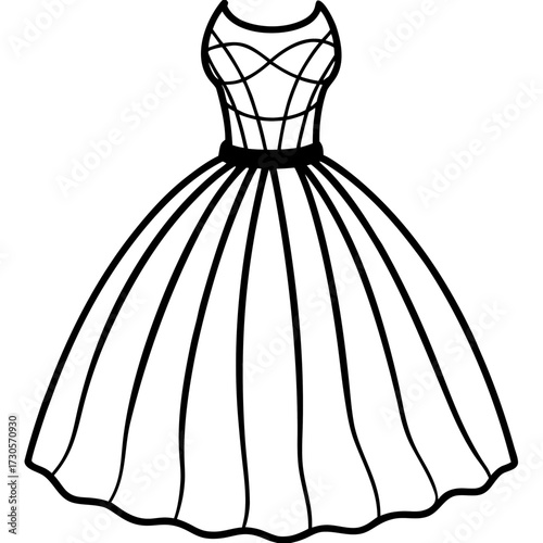 Minimalist Tulle Dress Line Art Vector Illustration on White Background
