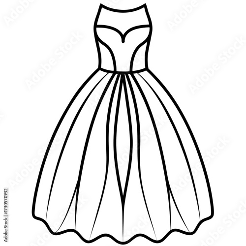 Minimalist Tulle Dress Line Art Vector Illustration on White Background