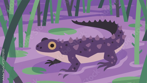 Illustration Of A Purple Salamander Living In A Swamp With Dense Aquatic Plants Vector Design Template