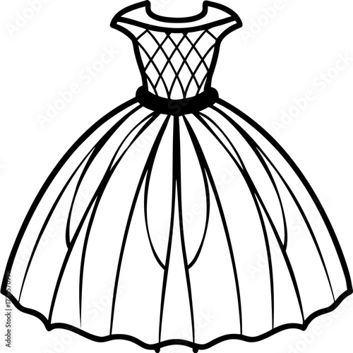 Minimalist Tulle Dress Line Art Vector Illustration on White Background