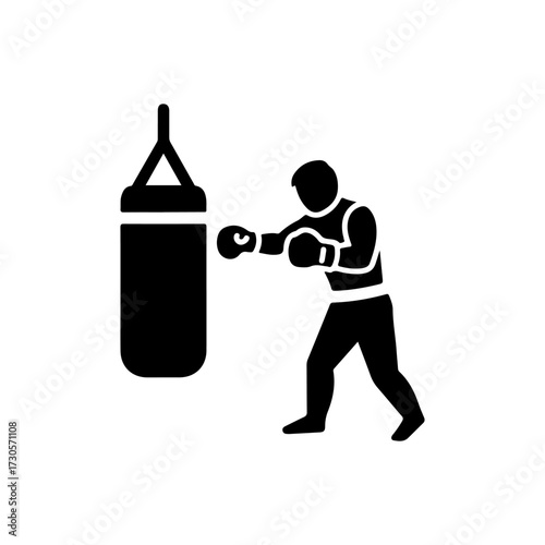 Minimalist Black Silhouette Icon of Boxer Hitting Punching Bag