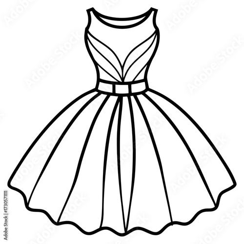 Minimalist Tulle Dress Line Art Vector Illustration on White Background