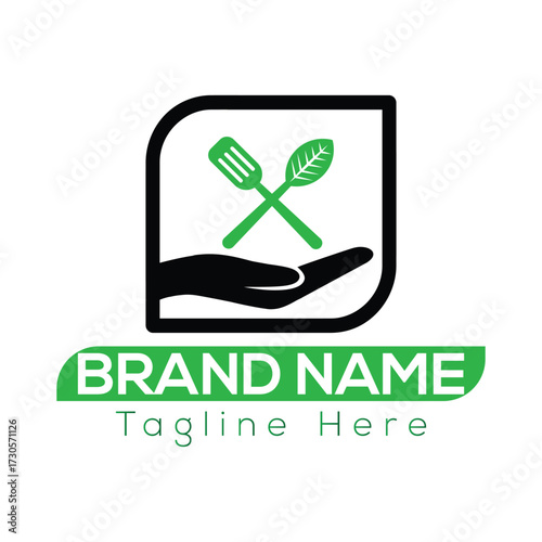 Green Spatula and Leaf Crossed Over Hand in Rounded Square Frame with Brand Name Text logo food