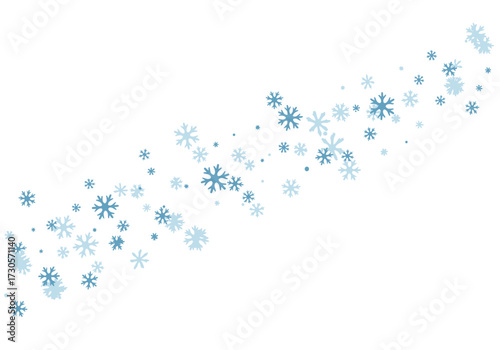 Scattered snowflakes in light and dark blue hues on a white background arranged diagonally