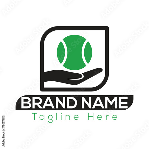 Green tennis ball on black hand inside rounded square logo with brand name text vector