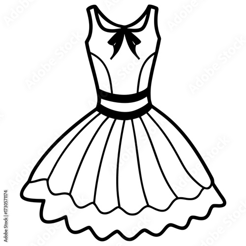 Minimalist Tulle Dress Line Art Vector Illustration on White Background