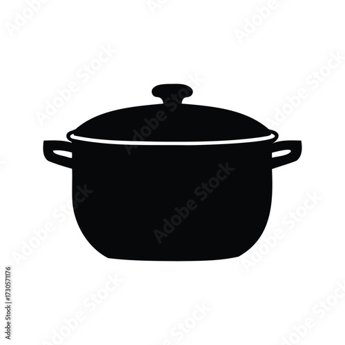 Black silhouette of a covered cooking pot with handles and knob, cooking pot silhouette vector illustration