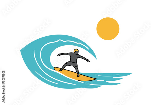 Surfer rides wave under sun depicted in a graphic style