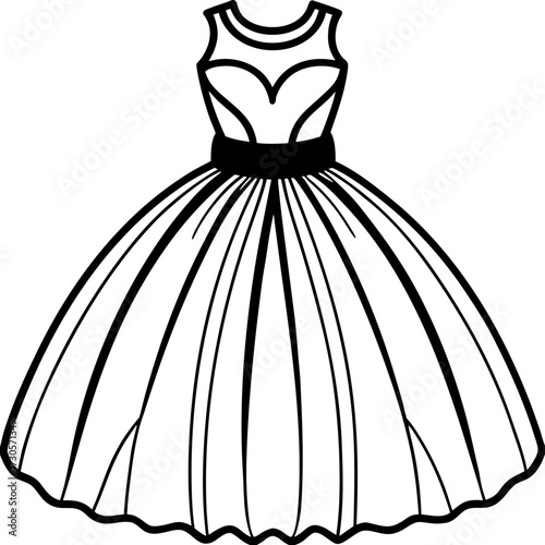 Minimalist Tulle Dress Line Art Vector Illustration on White Background