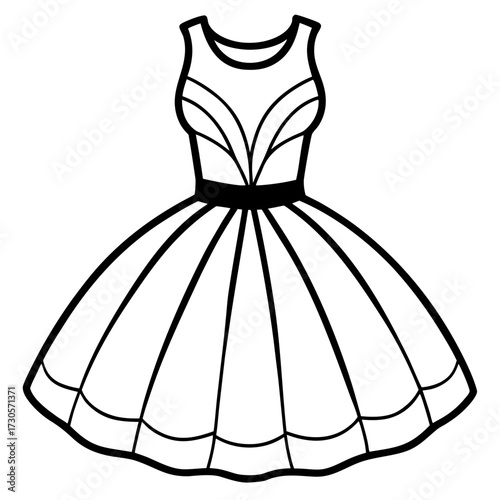 Minimalist Tulle Dress Line Art Vector Illustration on White Background