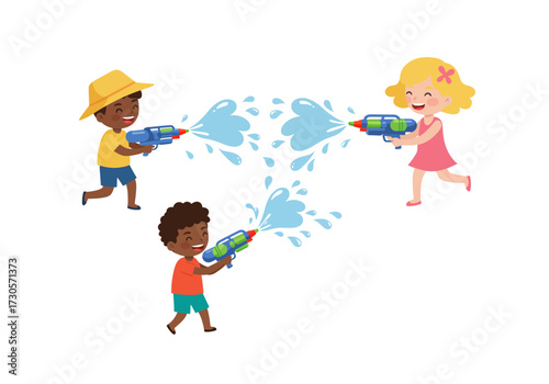 Three kids happily shoot water guns at each other enjoying summer playtime