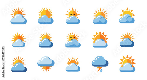 Vibrant cartoon weather icons set - sun, clouds, rain, lightning, snow, and expressive sun faces, depicting various forecasts.