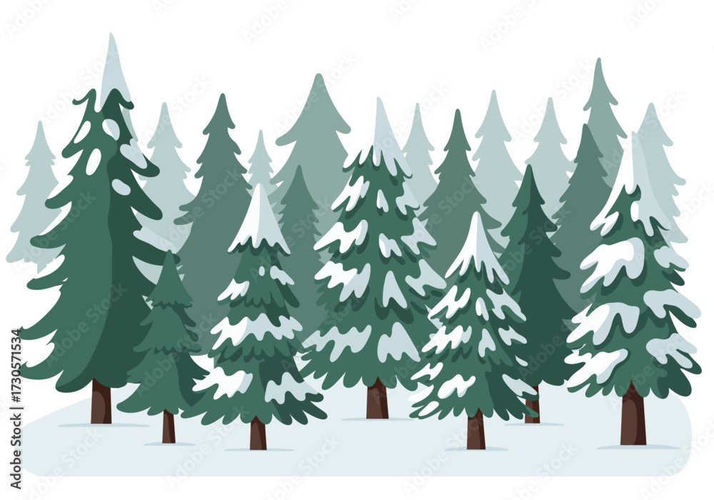 Obraz premium Winter forest scene of evergreen trees with snow on branches set on snowy ground against a white backdrop