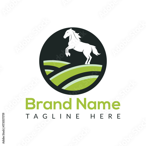 White horse rearing up in a dark circle over green rolling hills logo design animal