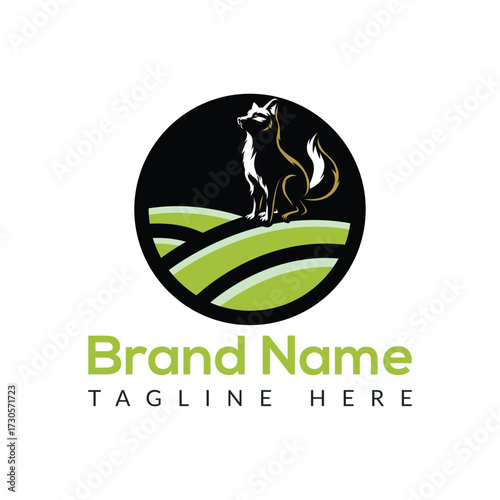 Stylized black and gold fox sitting on green rolling hills inside a black circle logo animal
