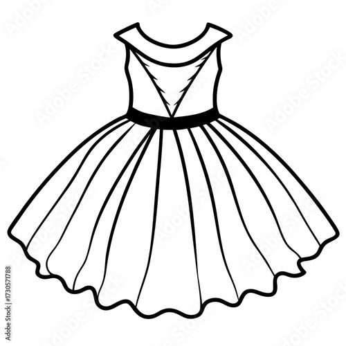 Elegant Tulle Dress Fashion Outline Vector Drawing Isolated on White