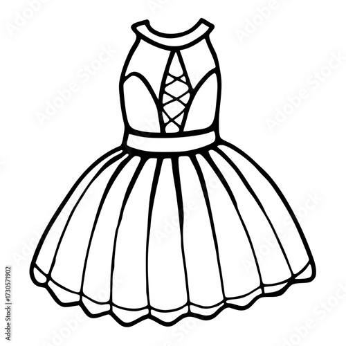 Elegant Tulle Dress Fashion Outline Vector Drawing Isolated on White