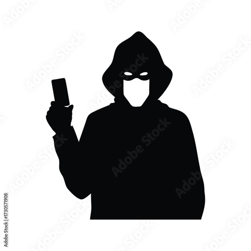 Anonymous hooded figure holding a card in a black and white illustration, hacker with usb drive silhouette vector illustration