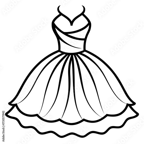 Elegant Tulle Dress Fashion Outline Vector Drawing Isolated on White